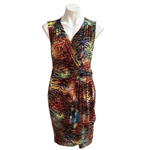 Joseph Ribkoff Multicolor Animal Print Sleeveless Faux Wrap Dress Belt Size 8